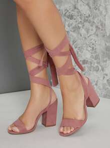 圓頭繫帶粗高跟鞋 - 藕粉色 - 查看 4