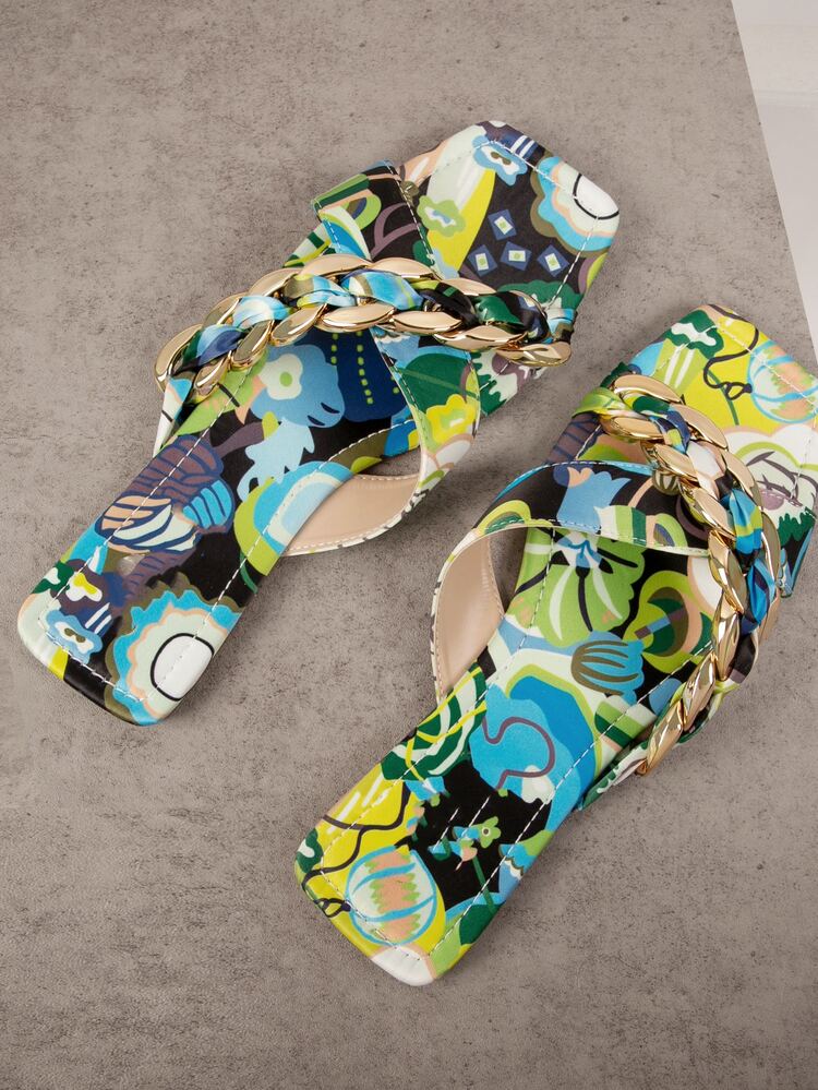 70s Floral Chained Strap Flat Slipper Sandals - Multicolor - View 4