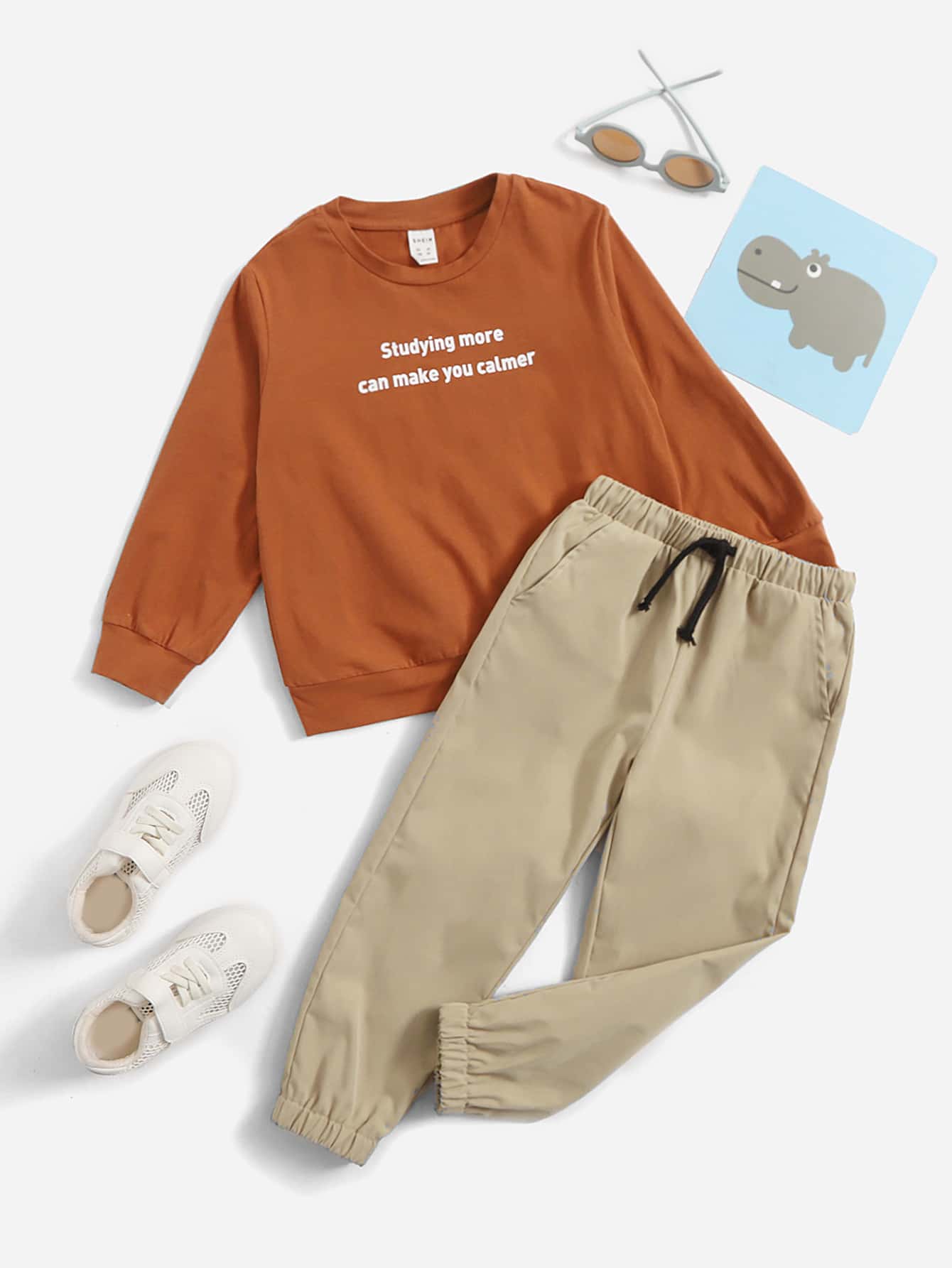 SHEIN 男童標語圖案套頭毛衣及束口褲套裝 - 彩色 - 查看 1