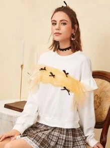 SHEIN EZwear Pullover de hombros caídos con lazo con con diseño fruncido de color combinado