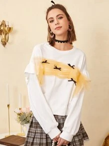 SHEIN EZwear Pullover de hombros caídos con lazo con con diseño fruncido de color combinado