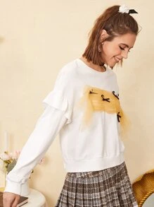 SHEIN EZwear Pullover de hombros caídos con lazo con con diseño fruncido de color combinado