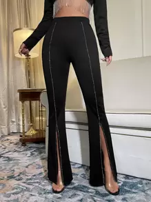 SHEIN BAE Quần nữ Chuỗi Pha lê kim cương Chia màu trơn Thanh lịch - màu đen - Xem 1