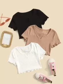 SHEIN Cô gái Tween 3pcs Ren Mộc nhĩ Áo phông Kim sa tương phản - Nhiều màu - Xem 1