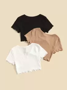 SHEIN Cô gái Tween 3pcs Ren Mộc nhĩ Áo phông Kim sa tương phản - Nhiều màu - Xem 2