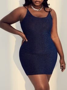 SHEIN SXY Plus Strap Detail Metallic Bodycon Dress - Blue - View 1