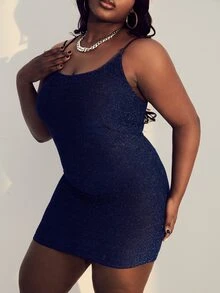 SHEIN SXY Plus Strap Detail Metallic Bodycon Dress - Blue - View 4