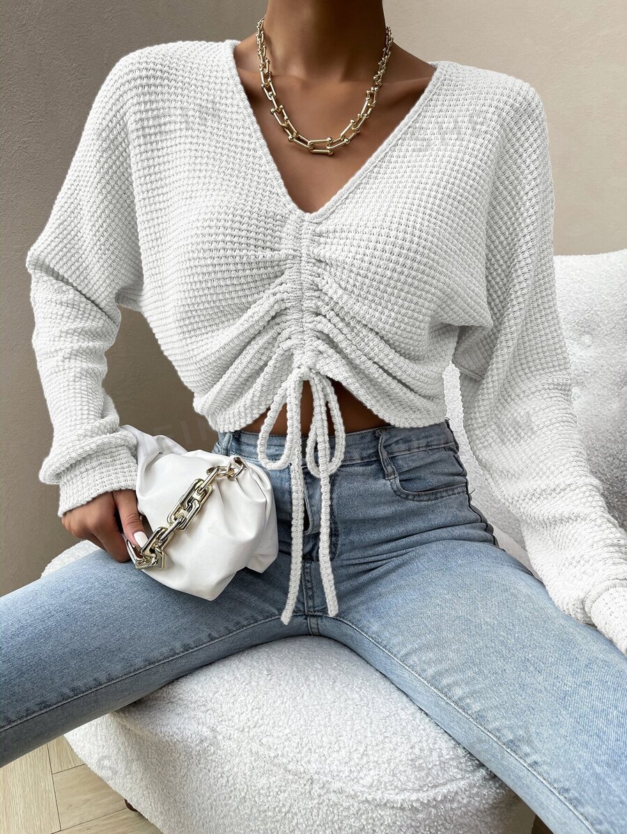 EMERY ROSE Crop crop cu șnur solid, încrețit în față - alb - Vizualizare 1