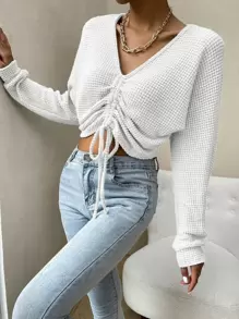 EMERY ROSE Solid Drawstring Ruched Front Crop Top Fall Cloth For Women - White - View 3