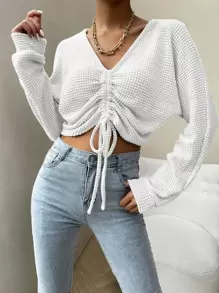 EMERY ROSE Solid Drawstring Ruched Front Crop Top Fall Cloth For Women - White - View 4