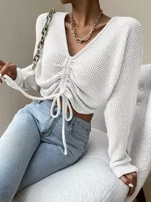 EMERY ROSE Solid Drawstring Ruched Front Crop Top Fall Cloth For Women - White - View 5