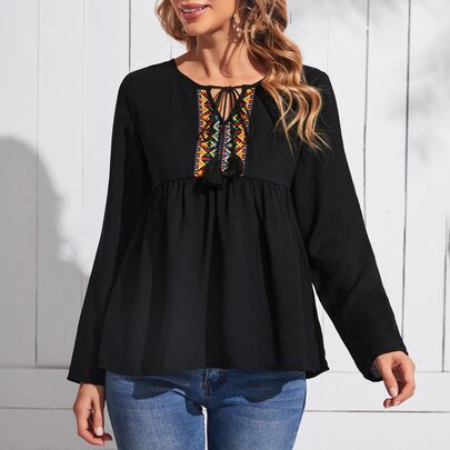 Tassel Tie Neck Geo Embroidered Top