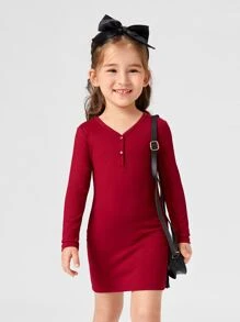 Toddler Girls Quarter Button Rib-knit Fitted Dress - Burgundy - View 1