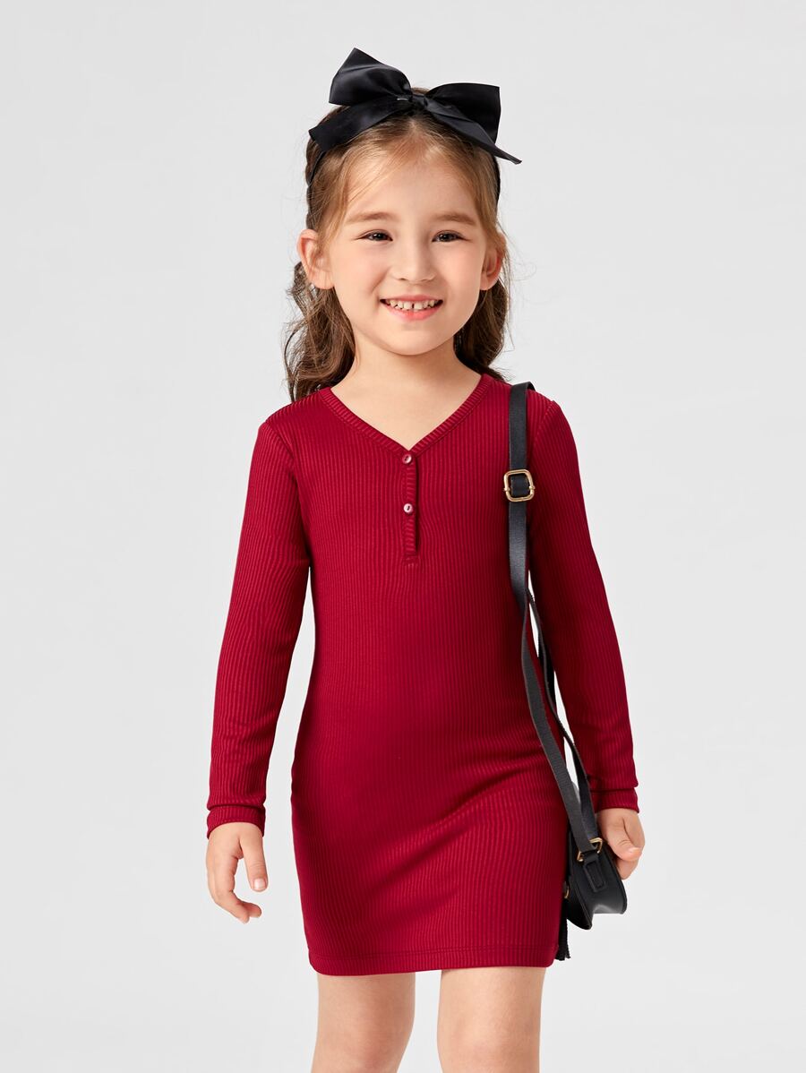 Toddler Girls Quarter Button Rib-knit Fitted Dress - Burgundy - View 1