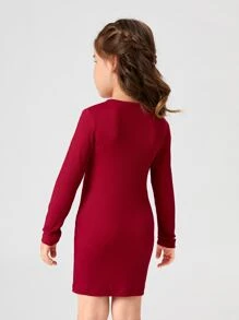 Toddler Girls Quarter Button Rib-knit Fitted Dress - Burgundy - View 2