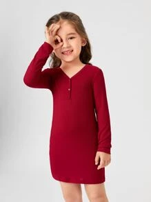 Toddler Girls Quarter Button Rib-knit Fitted Dress - Burgundy - View 3
