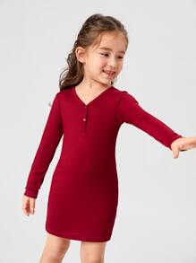 Toddler Girls Quarter Button Rib-knit Fitted Dress - Burgundy - View 4