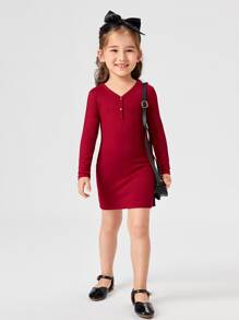 Toddler Girls Quarter Button Rib-knit Fitted Dress - Burgundy - View 5