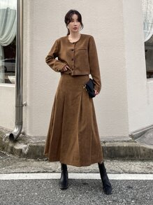 DAZY Button Front Jacket & Fold Pleated Skirt