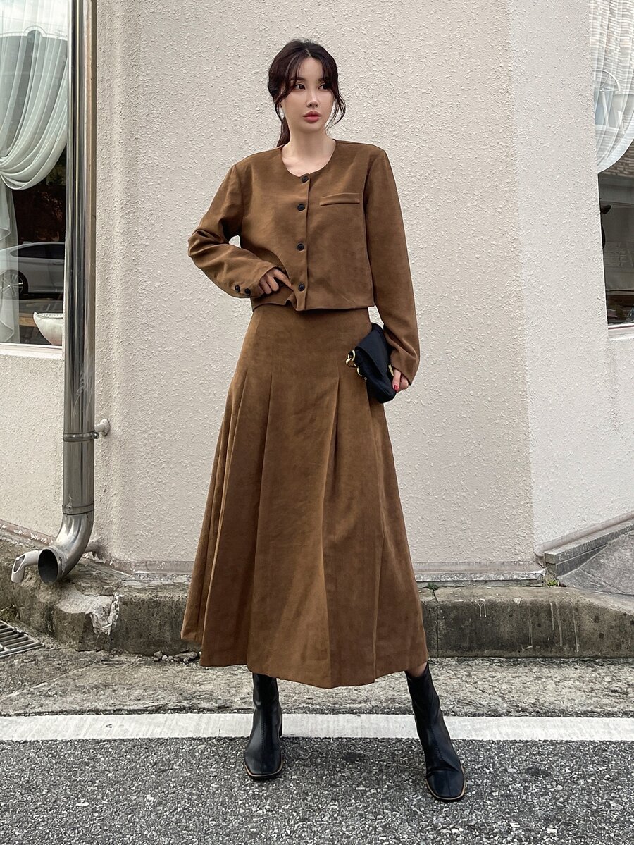 DAZY Button Front Jacket & Fold Pleated Skirt