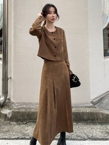 DAZY Button Front Jacket & Fold Pleated Skirt