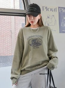 DAZY 字母和卡通圖形鬆緊針織下肩套頭毛衣,不附t卹 - 軍綠色 - 查看 3