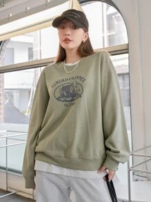 DAZY 字母和卡通圖形鬆緊針織下肩套頭毛衣,不附t卹 - 軍綠色 - 查看 6