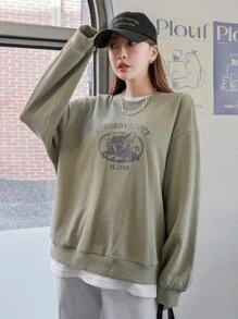 DAZY 字母和卡通圖形鬆緊針織下肩套頭毛衣,不附t卹 - 軍綠色 - 查看 7