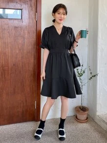 DAZY Đầm Viên lá sen màu trơn Giải trí - màu đen - Xem 1