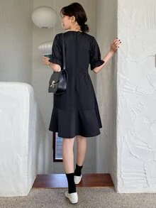 DAZY Đầm Viên lá sen màu trơn Giải trí - màu đen - Xem 2