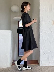 DAZY Đầm Viên lá sen màu trơn Giải trí - màu đen - Xem 3