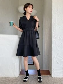 DAZY Đầm Viên lá sen màu trơn Giải trí - màu đen - Xem 4