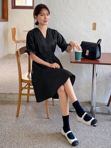 DAZY Đầm Viên lá sen màu trơn Giải trí - màu đen - Xem 5