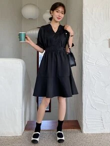 DAZY Đầm Viên lá sen màu trơn Giải trí - màu đen - Xem 6