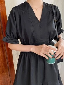 DAZY Đầm Viên lá sen màu trơn Giải trí - màu đen - Xem 8