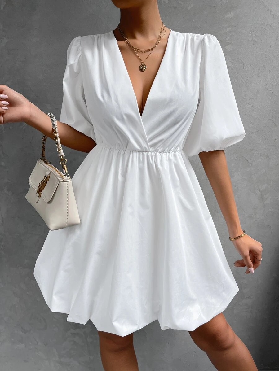 Surplice Neck Puff Sleeve Dress - White - View 1