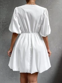 Surplice Neck Puff Sleeve Dress - White - View 2