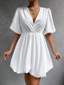 Surplice Neck Puff Sleeve Dress - White - View 3