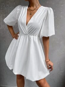 Surplice Neck Puff Sleeve Dress - White - View 4