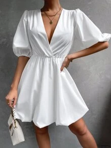 Surplice Neck Puff Sleeve Dress - White - View 5
