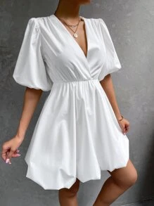 Surplice Neck Puff Sleeve Dress - White - View 6
