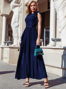 MIUSOL Floral Lace Ruffle Trim Dress - Navy Blue - View 1