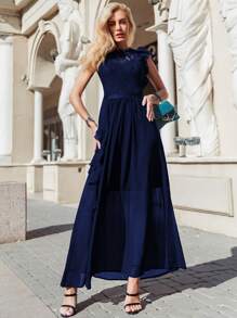 MIUSOL Floral Lace Ruffle Trim Dress - Navy Blue - View 4