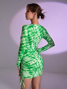 Tie Dye Criss Cross Cut Out Ruched Knot Side Bodycon Dress - Green - View 2