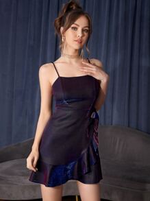 SHEIN Unity Knot Side Wrap Ruffle Hem Cami Dress - Black - View 4