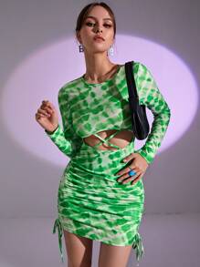 Tie Dye Criss Cross Cut Out Ruched Knot Side Bodycon Dress - Green - View 5