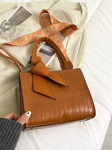 鱷魚壓紋方包 - 棕色 - 查看 6