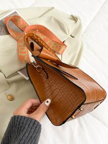 鱷魚壓紋方包 - 棕色 - 查看 7