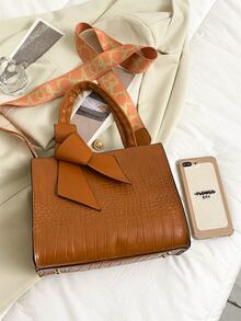 鱷魚壓紋方包 - 棕色 - 查看 8