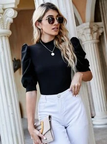 SHEIN Clasi Parte superior de punto acanalado de manga sólida, moda sencilla para uso diario - Negro - Ver 1